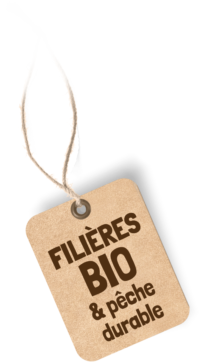 Pancarte avec description : filières bio et pêchs durable