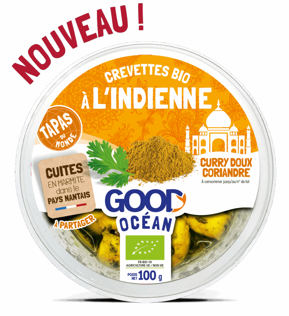 Packaging Tapas du MONDE L'INDIENNE - Crevettes bio sauce curry doux coriandre douce Good Océan -BIO-100 g - 2025
