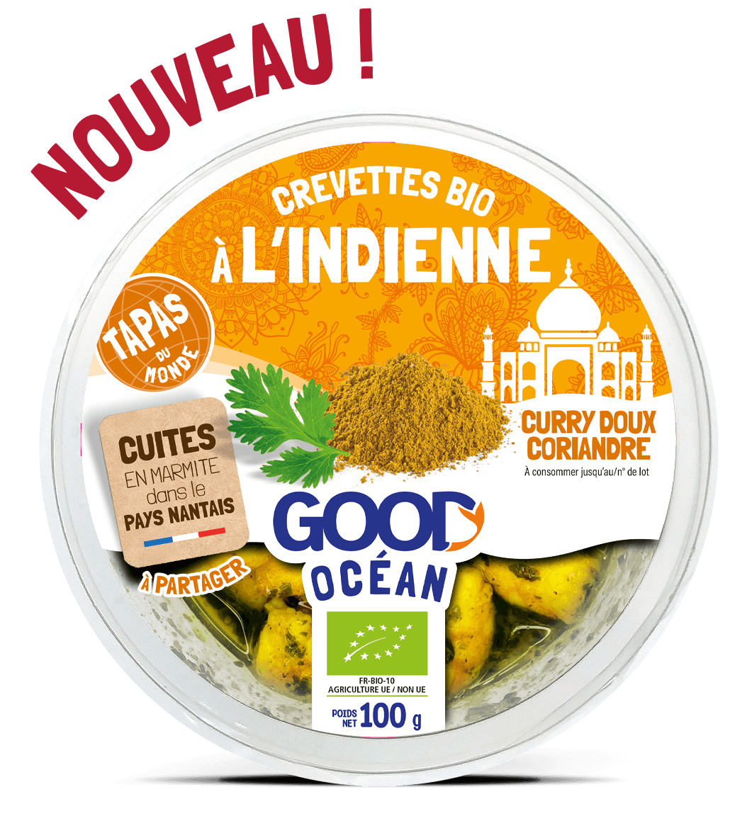 Packaging Tapas du MONDE L'INDIENNE - Crevettes bio sauce curry doux coriandre douce Good Océan -BIO-100 g - 2025